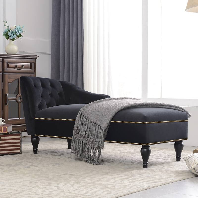 58'' Black Velvet Button Tufted Right Arm Facing Chaise Lounge Chair with Nailhead Trim: Opulent Addition to Any Living Space.
