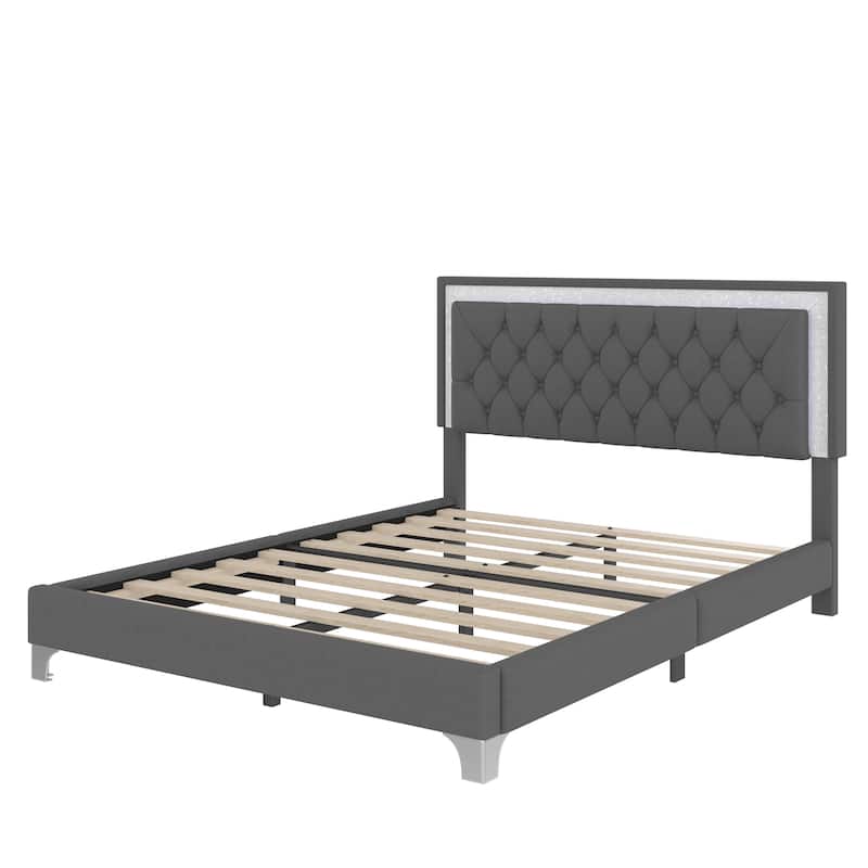 Queen Size Upholstered Bed Frame with LED Lights, Modern Velvet Platform Bed with Tufted Headboard, Gray