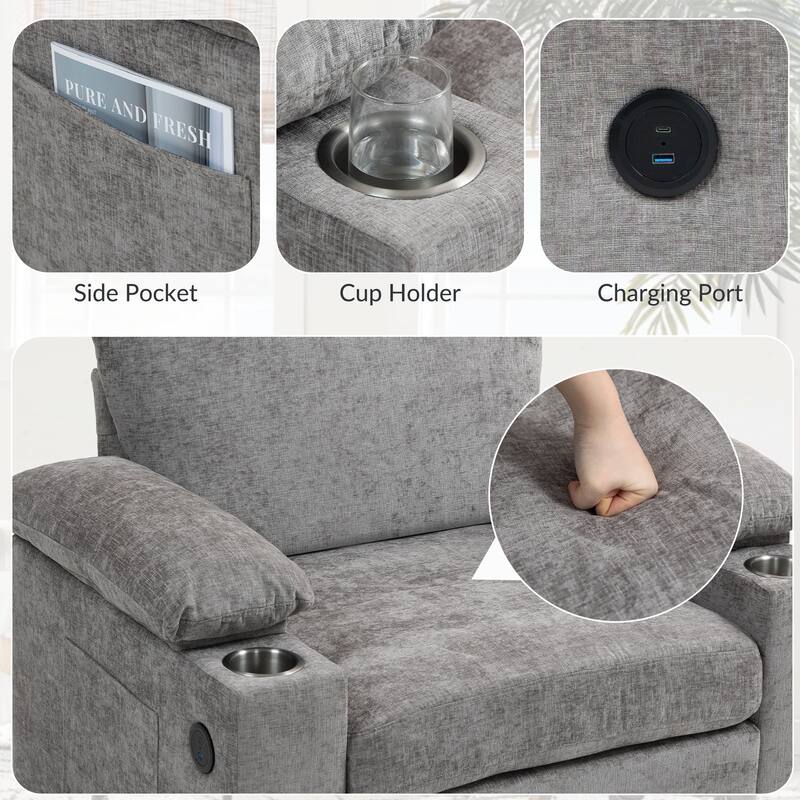 Modern 58" Oversized Chaise Lounger Armchair with Ottoman, Chenille Sleeper Sofa Couch with Charge Station & USB Ports