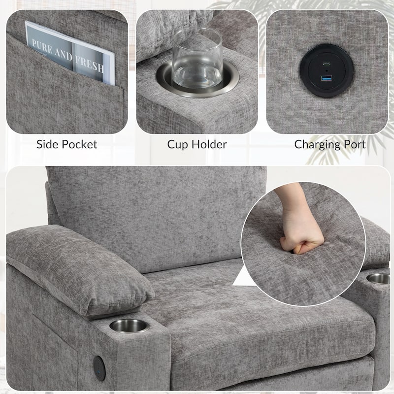 Oversized Chenille Sofa Chair with Ottoman Sleeper Sofa with Cupholders/USB Charging Ports