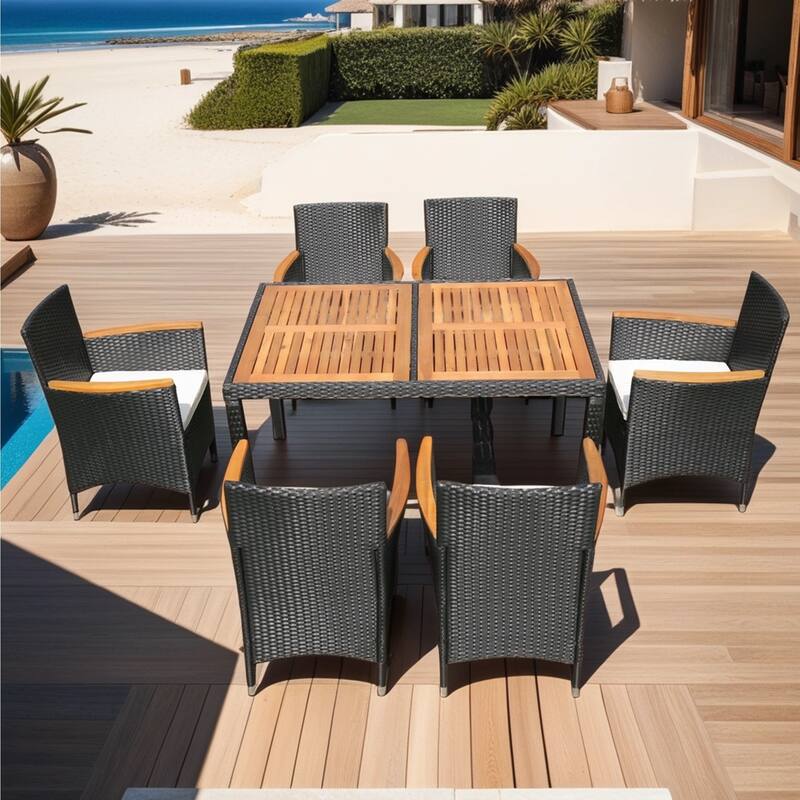 7 Piece All Weather Rattan Patio Dining Set with Acacia Wood Tabletop and Removable Cushions