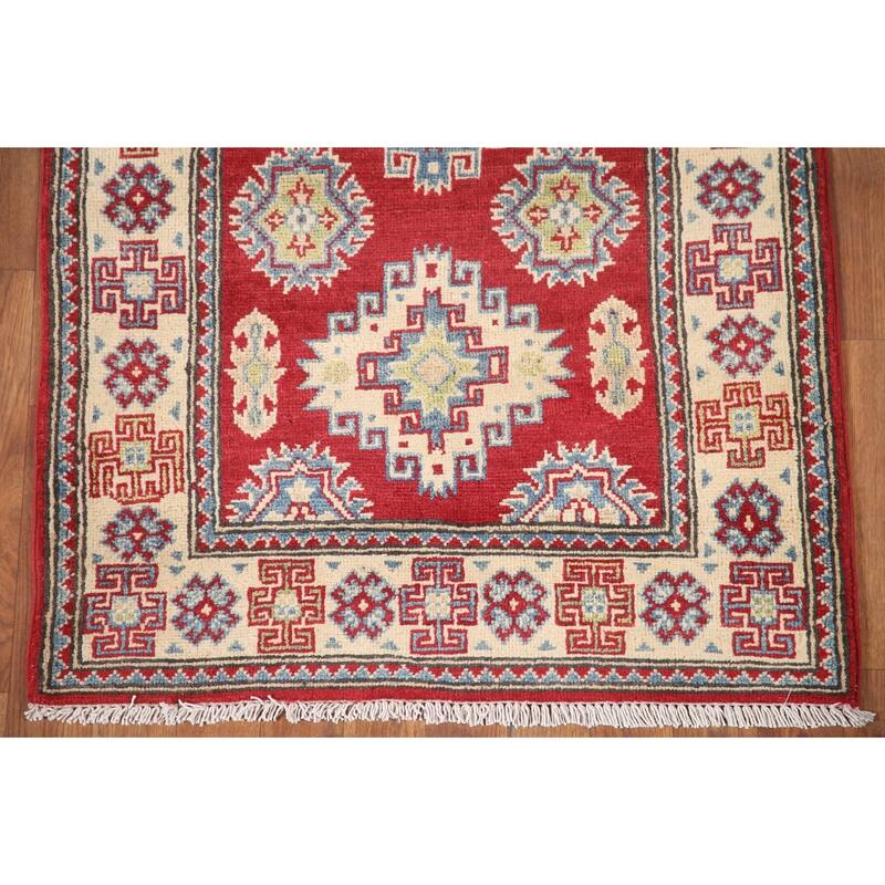 Hand Knotted Oriental 100% Wool Carpet Traditional Geometric Red Kazak Runner Rug - 6' 8'' X 2' 9''