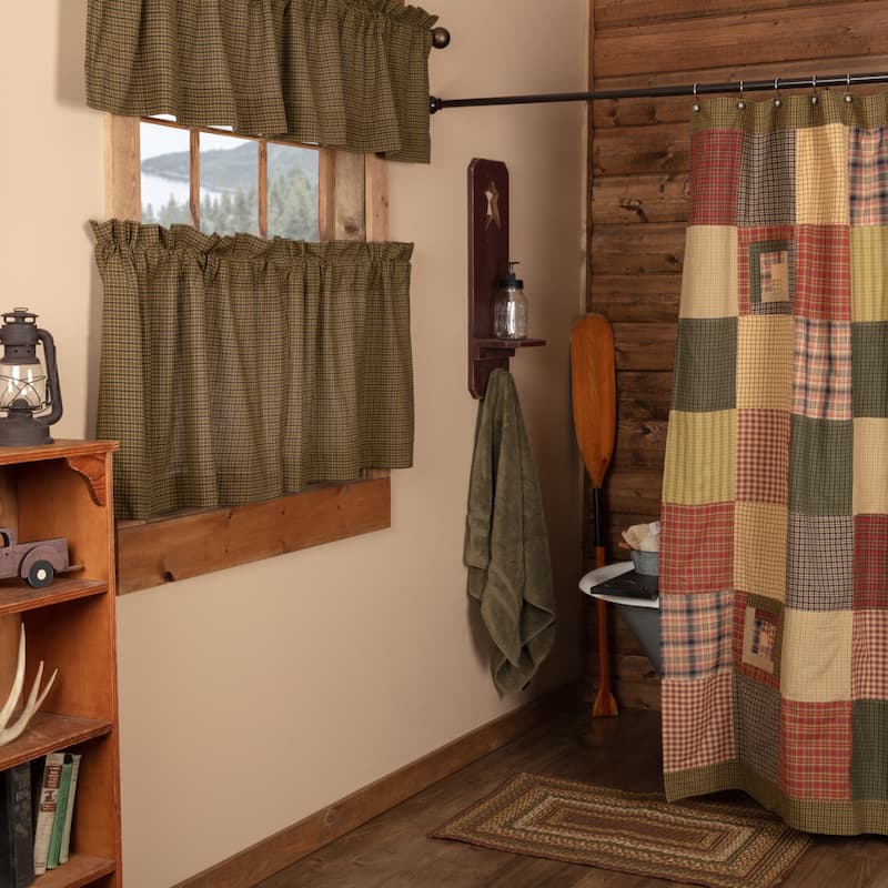 Tea Cabin Shower Curtain Patchwork 72x72 - Shower Curtain 72x72 - Moss Green/Deep Red/Navy
