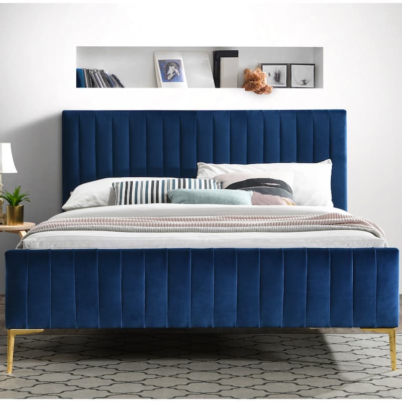 Omax Decor Julia Upholstered Platform Bed with Channel Tufted Headboard and Gold Legs - Blue Velvet - Queen