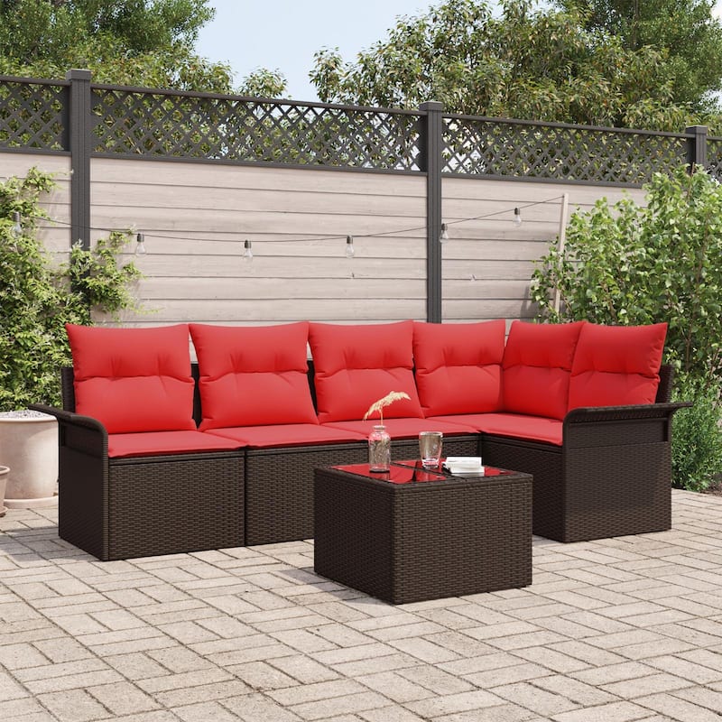 vidaXL 5/6 Garden Sofa Set with Cushions Black/Brown/Grey Poly Rattan - 95.9 x 52.2 x 27.2 - Brown with table