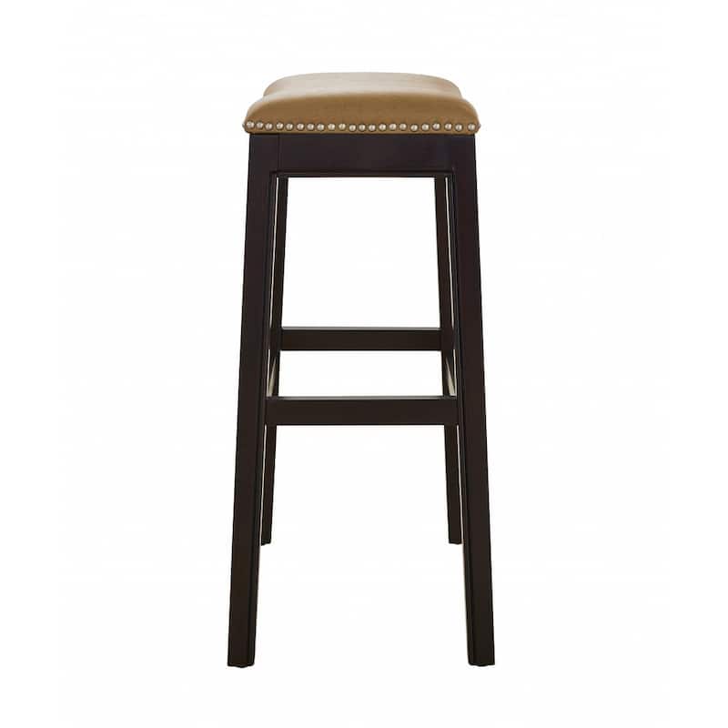 31" Tan and Espresso Faux Leather and Solid Wood Backless Counter Height Bar Chair