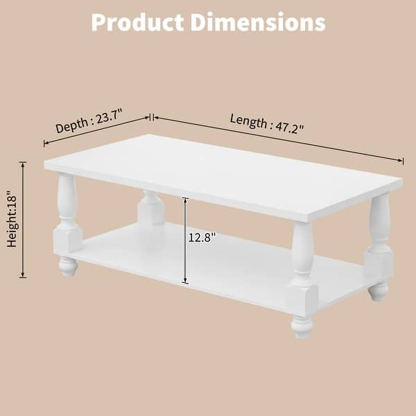 dimension image slide 1 of 2, Farmhouse Coffee Table with Storage Shelf, French Country Living Room Table