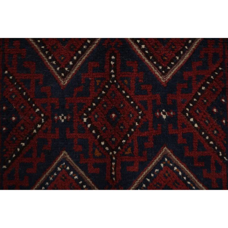 Hand Knotted Oriental 100% Wool Carpet Traditional Tribal Navy Blue & Blues Balouch Runner Rug - 8' 3'' X 2' 1''