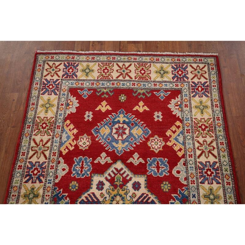 Red Traditional Geometric Kazak Accent Rug Hand-Knotted Wool Carpet - 3'1" x 5'0"