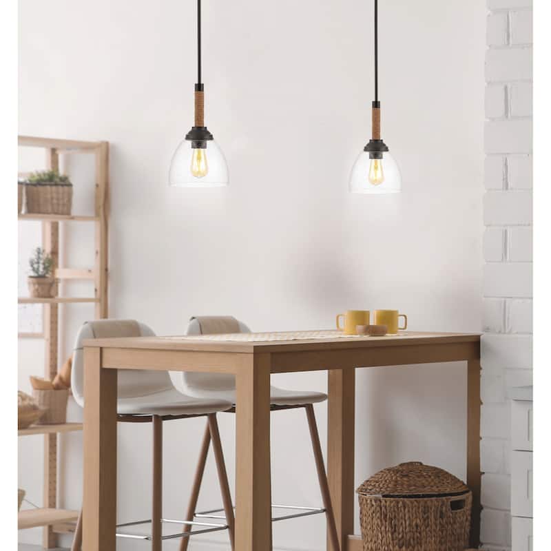 Hampton 7.63" Adjustable Rope-Wrap Modern Rustic Iron/Glass LED Pendant, Black by JONATHAN Y