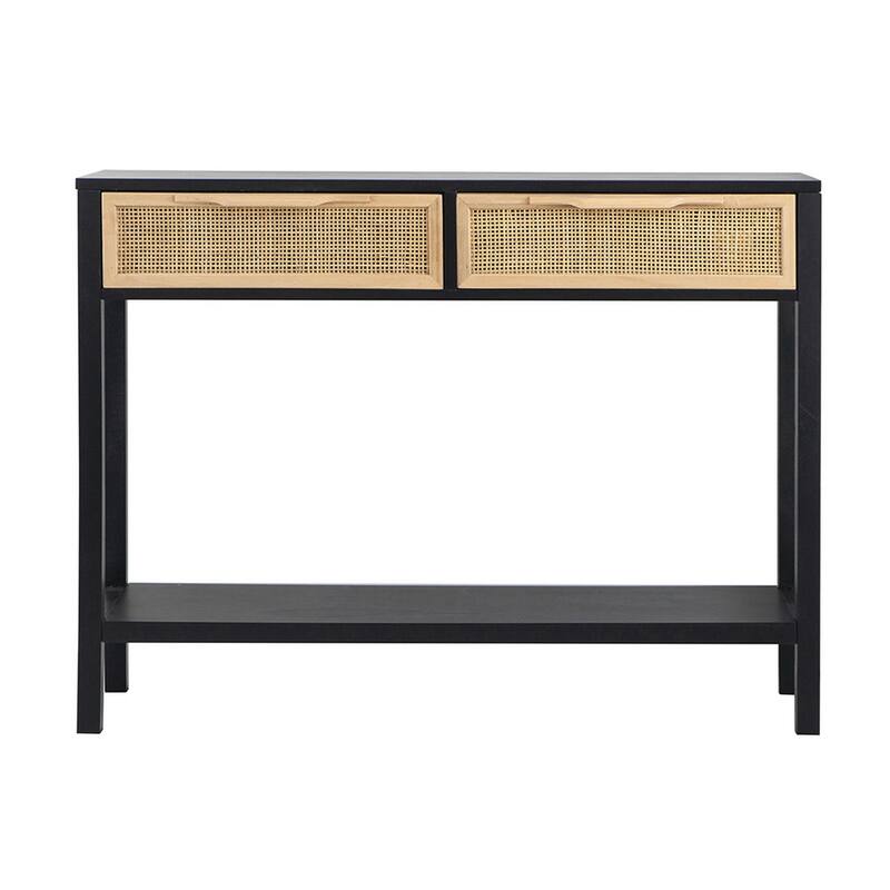 Dana 39 Inch Sofa Console Table, 2 Rattan Drawers, Black Finish, Brown