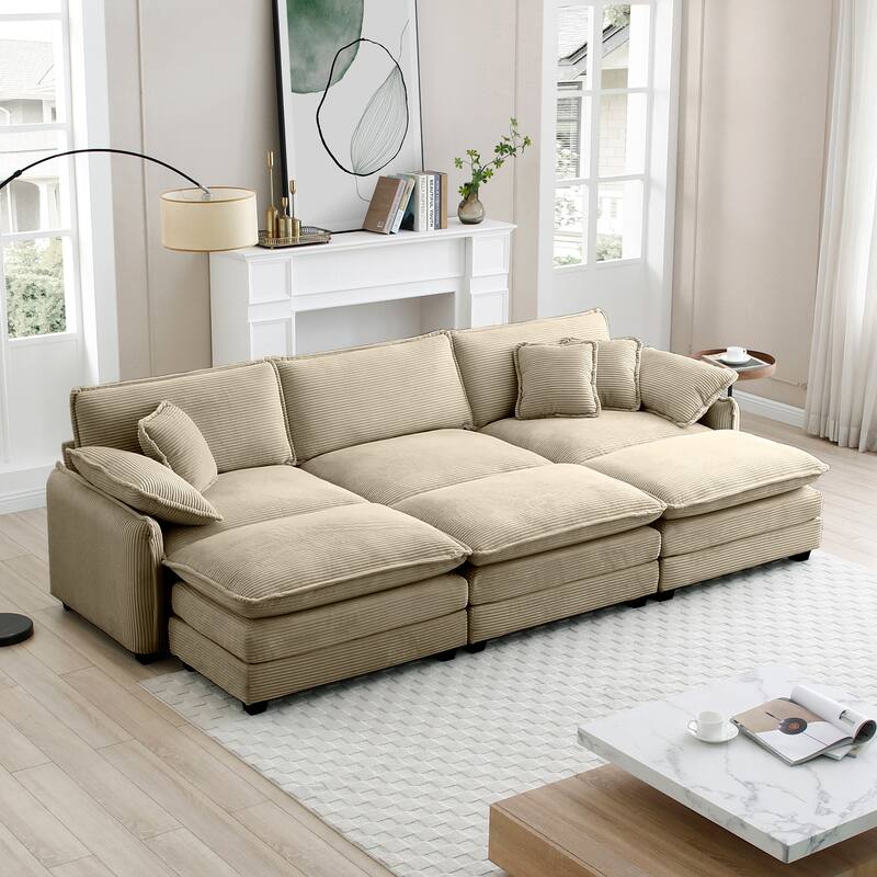 6-piece Corduroy Modular Sleeper Sectional Sofa with 3 Ottomans - Tan