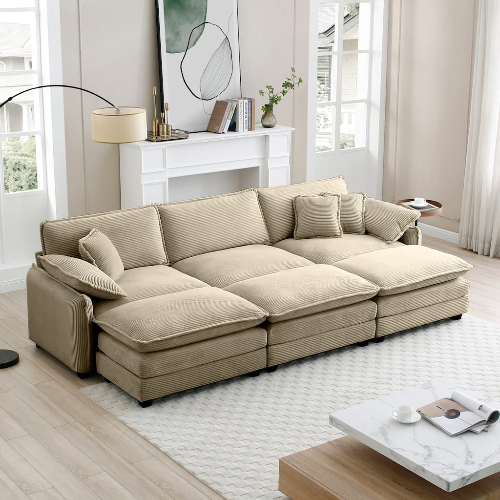 Tan 6-piece Corduroy Upholstered Modular Sleeper Sectional Sofa with 3 Removable Ottoman and 5 Pillows, Free Combination