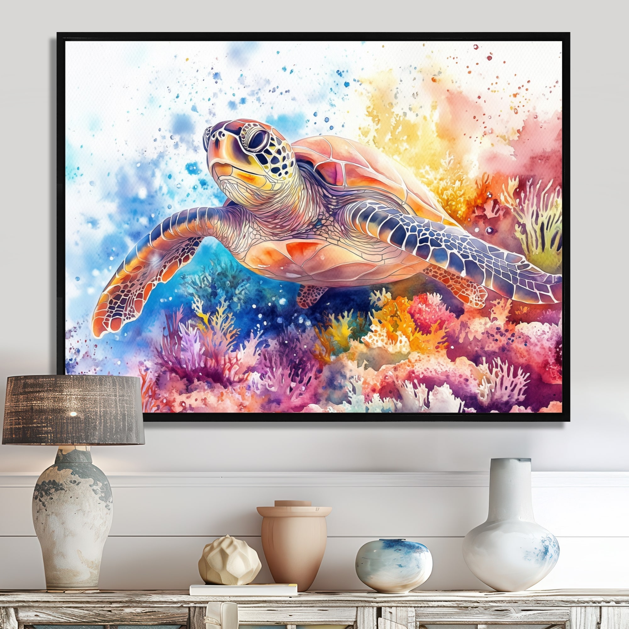 Designart Sea Turtle and Coral Reef - Coastal Framed Wall Art