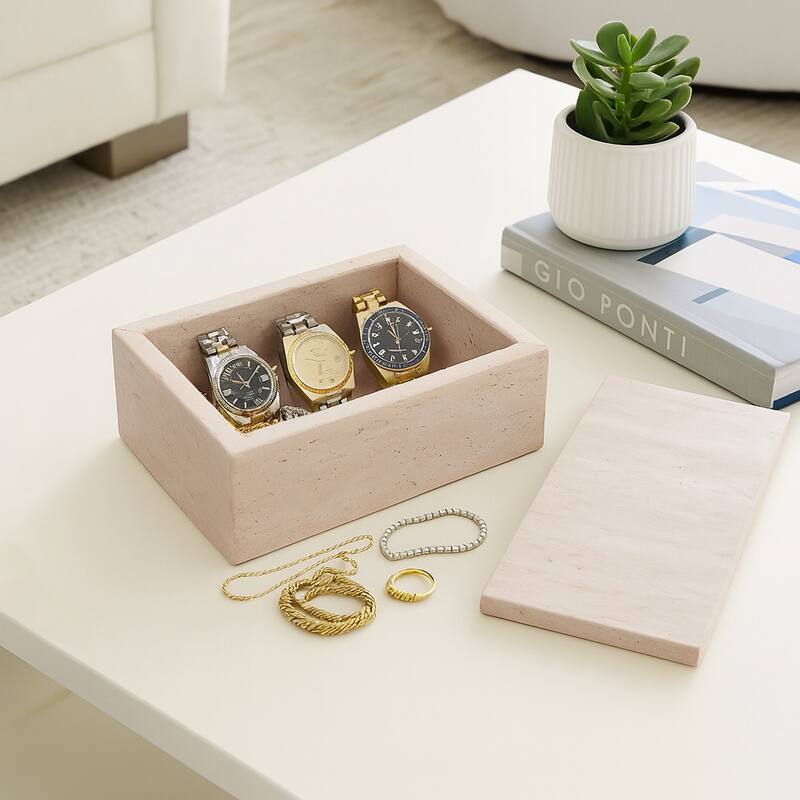 Travertine Decorative Box with Lid - Tan