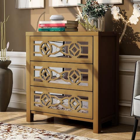 Gold Wooden Storage Cabinet with Decorative Mirror