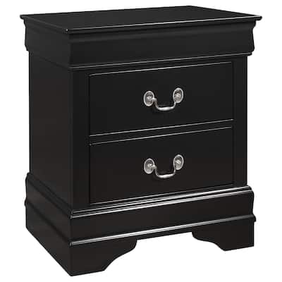 2 Drawers Wooden Frame Nightstand with Antique Metal Pulls, Black -