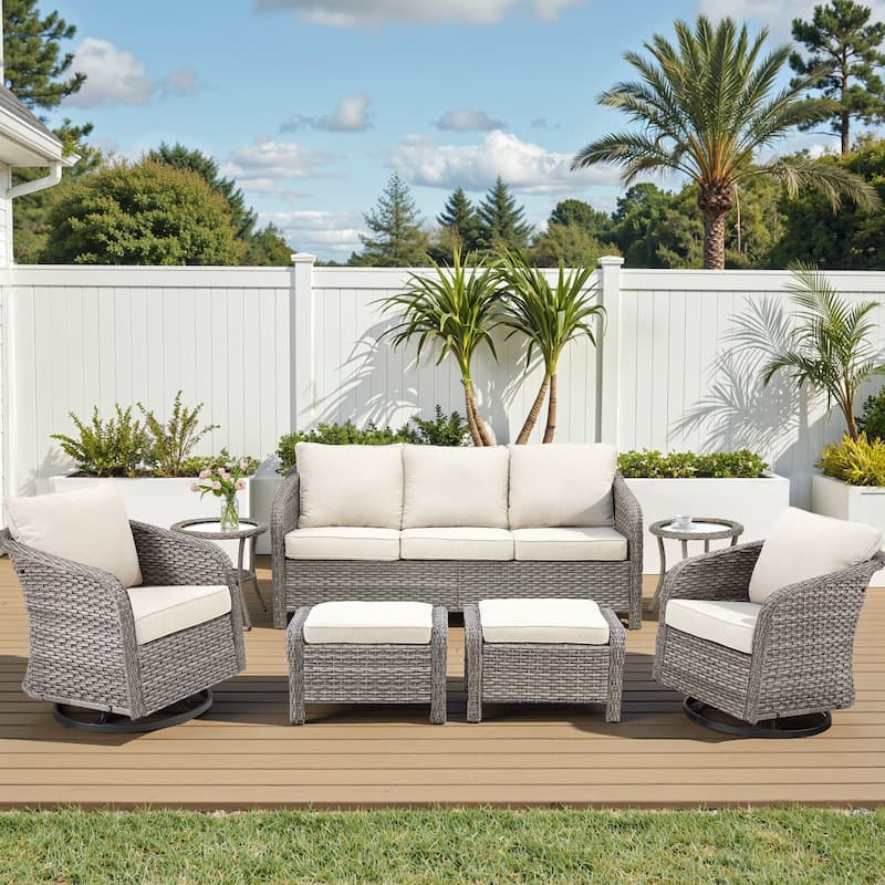 Pocassy Outdoor Patio Furniture Wicker Sofa Chair Set - Light Grey Wicker Beige Cushion - 7 Pieces Sofa Swivel Chair Table with Ottoman