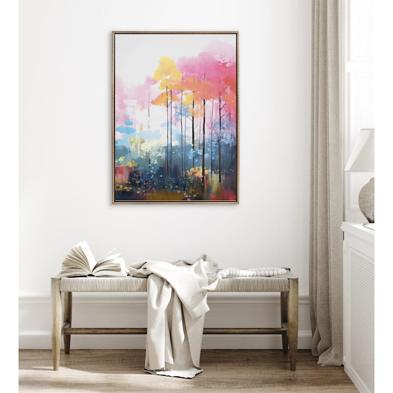 Kate and Laurel Sylvie Beaded Colorful Forest Landscape Framed Canvas by The Creative Bunch Studio