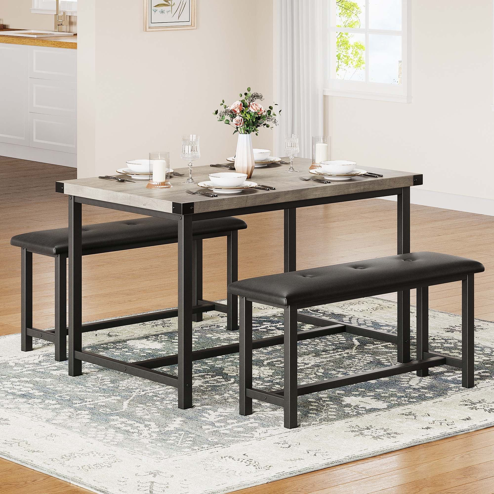 3-Piece Kitchen Dining Set with 2 Upholstered Benches