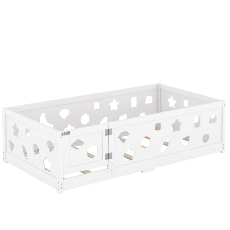 White Bed Frame Montessori Bed Twin Size Toddler Floor Bed with Guardrails and Door for Children Boys Girls Kids Playroom