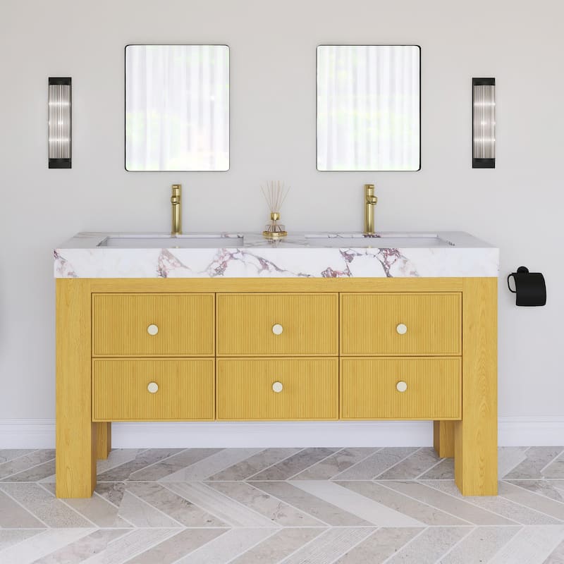 60" Freestanding Bathroom Vanity with 2 Ceramic Sinks - 59.84'' x 19.69'' x 33.46'' - Wood Finish - 59.84'' x 19.69'' x 33.46'' - Oak