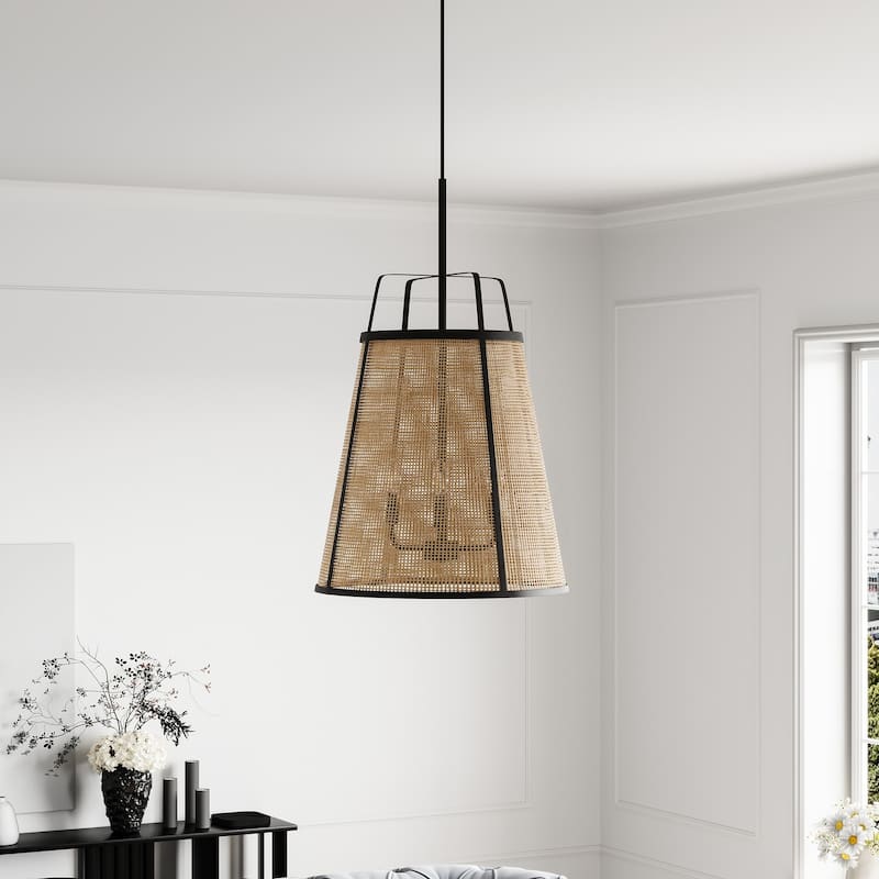 Farmhouse 3-Light Hand Woven Bamboo Kitchen Island Pendant Light Fixture - Black/Brown