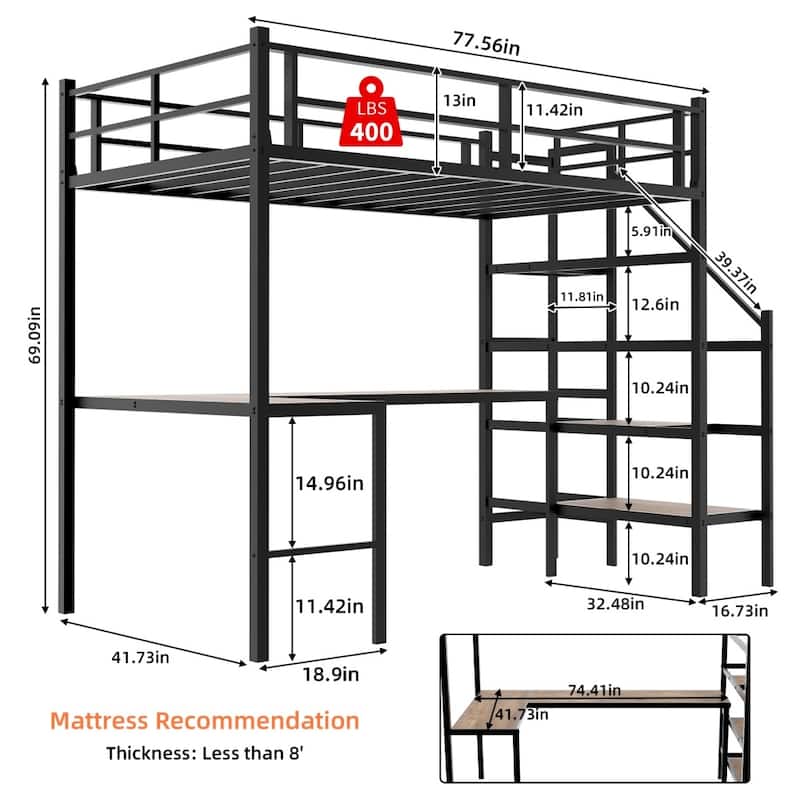 Loft Bed with L-shaped Desk,Large Storage Space and Storage Compartments