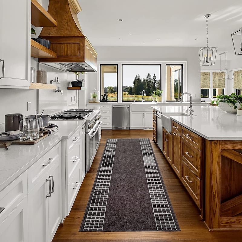 Custom Size Checkered Border Design Brown,Gray,Red Color Non-Slip Rubber Backing- 31 Inch WidexYour Choice of Length Runner Rug