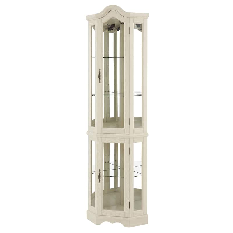 Lighted Corner Curio Cabinet with Tempered Glass Doors & Shelves - Elegant Oak Display Storage for Living Room & Bedroom Decor