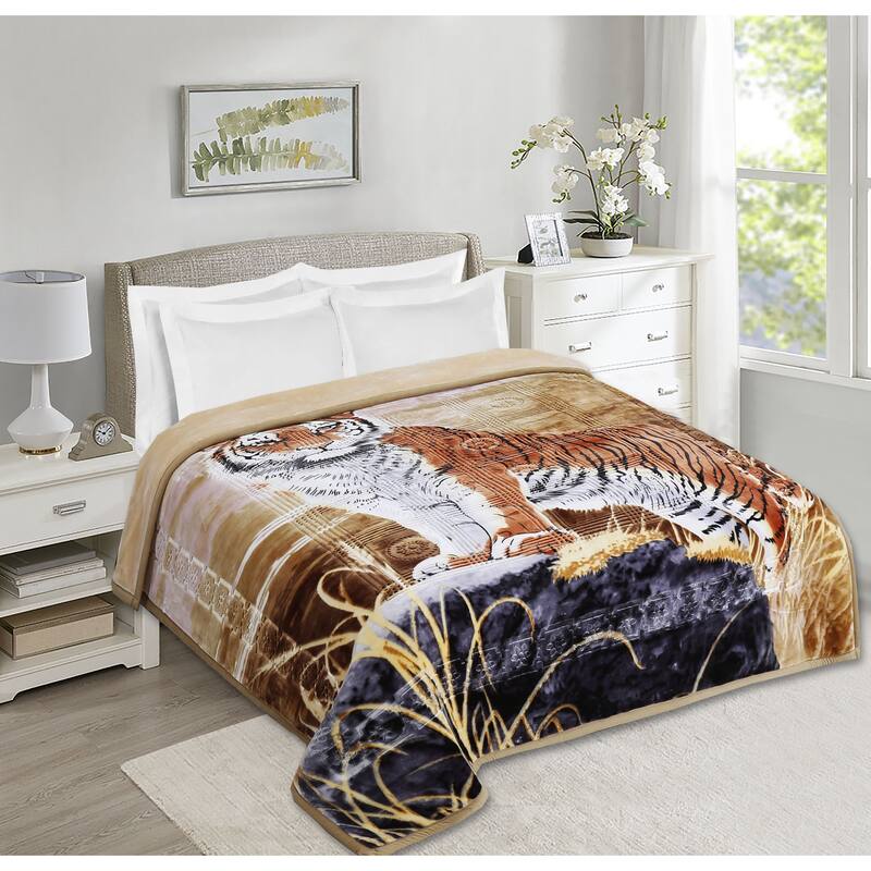 Empyrean Velvet 2 Ply Heavy Reversible Printed Raschel Blanket - King - Tiger Animal Print
