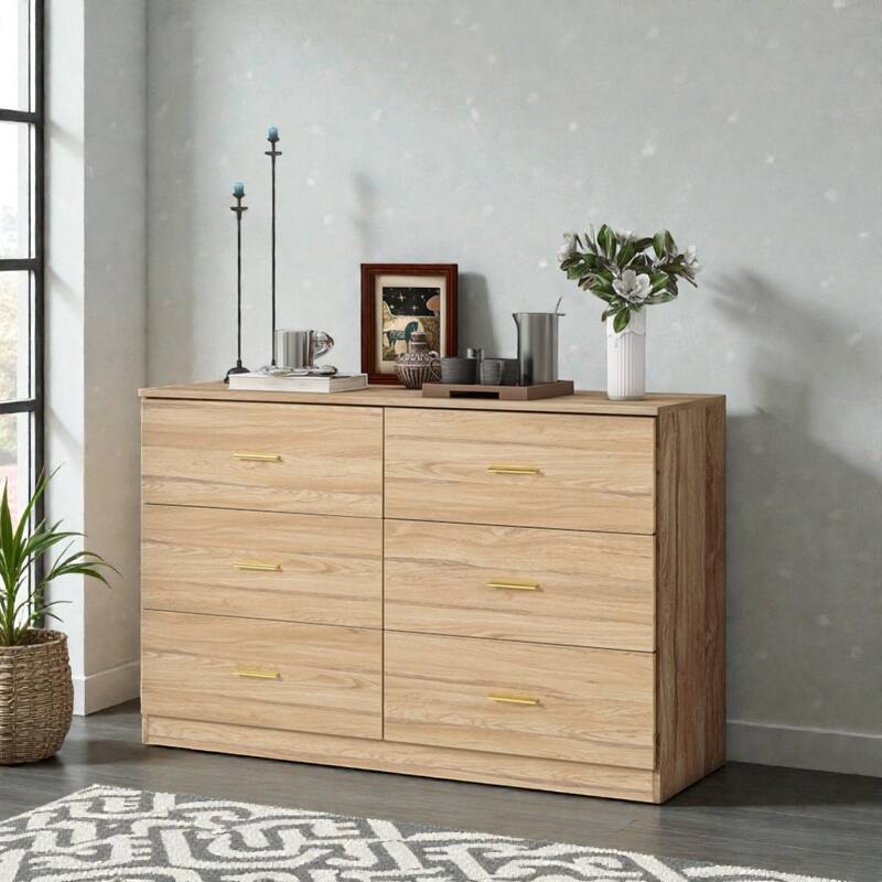 Modern 6 Drawer Dresser for Bedroom, Wide Chest of Drawers with Ample Storage, Sturdy Gloss Finish - Natural