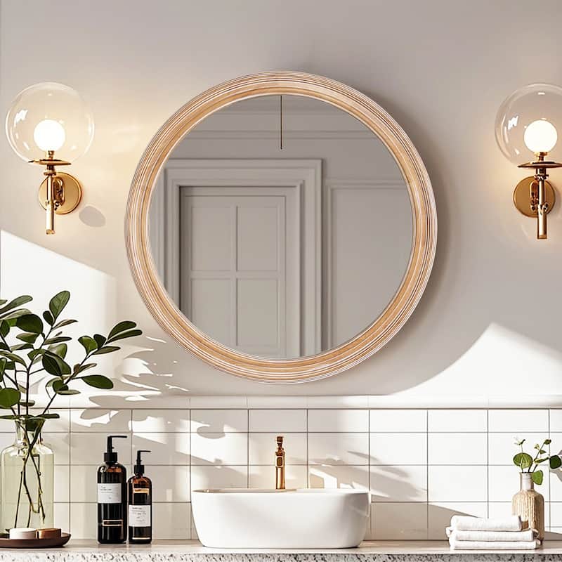 27.5" Wooden Farmhouse Round Wall Mirror for Bathroom Vanity