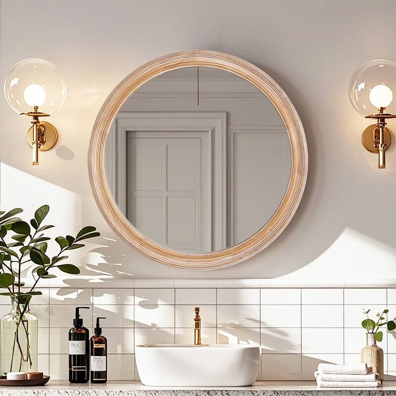 27.5 inches Round Wall Mirror for Bathroom Vanity, Wooden Farmhouse Circle Mirrors for Bedroom, Entryway, Living Room