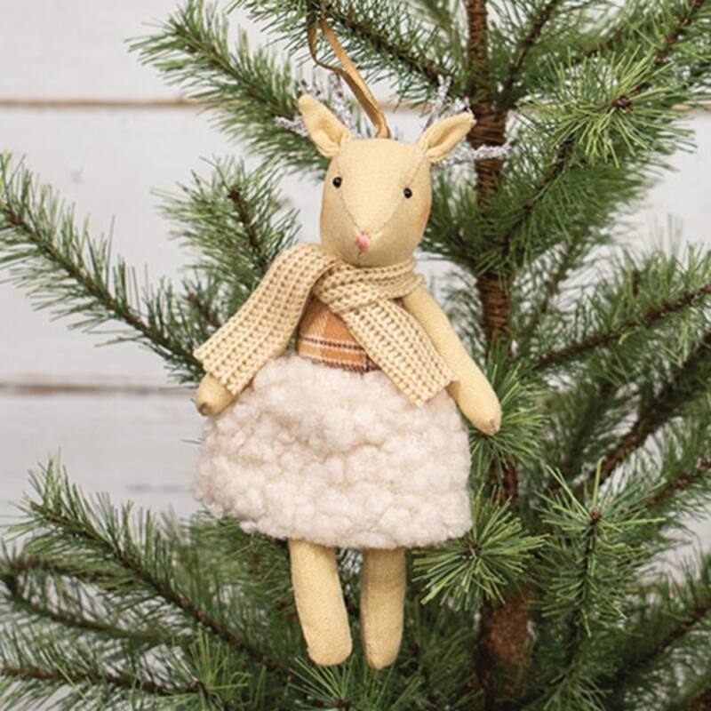 Cream-Beige Sherpa Dress Reindeer Ornament with Brown Ribbon for Holiday Decor - 3.75 x 2.50 x 7 in.