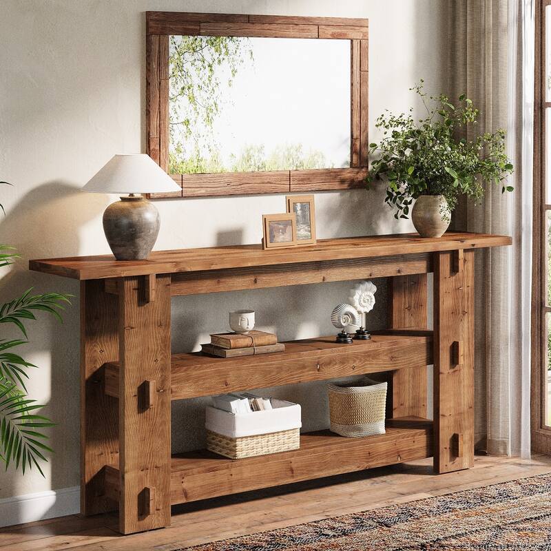 63 Inch Solid Wood Console Table, Farmhouse Sofa Table Behind Couch - Rustic Brown