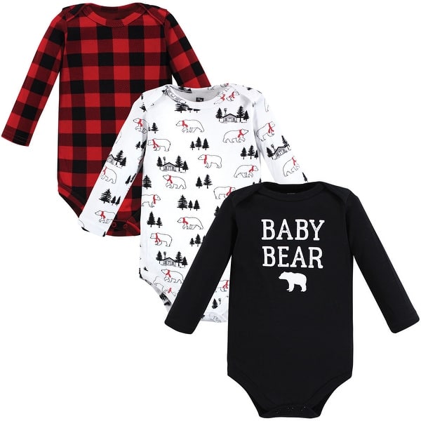 slide 1 of 1, Hudson Baby Infant Boy Cotton Long-Sleeve Bodysuits, Buffalo Plaid Bear 3-Pack 0-3 Months - Buffalo Plaid Bear 3-Pack