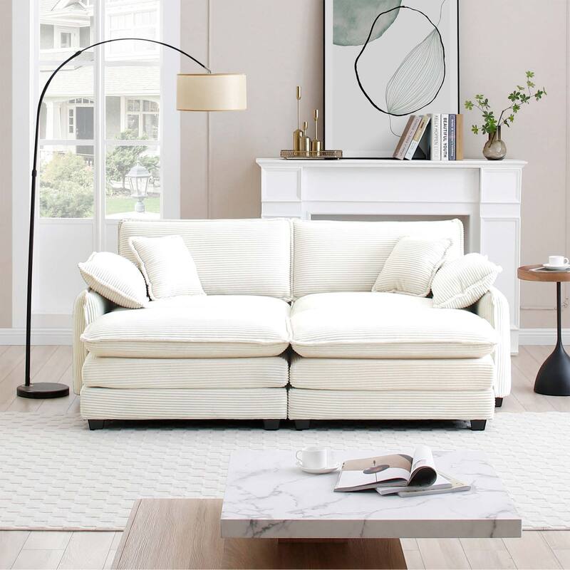 4-Piece Corduroy Modular Sleeper Sectional Sofa with 2 Ottomans & 4 Pillows
