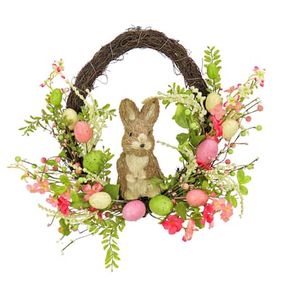 16" Bunny with Pink and Green Easter Eggs Wreath