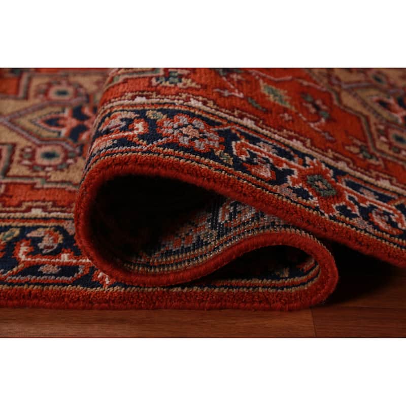Hand Knotted Oriental 100% Wool Carpet Traditional Geometric Oranges & Rust Heriz (serapi) Runner Rug - 11' 8'' X 2' 6''