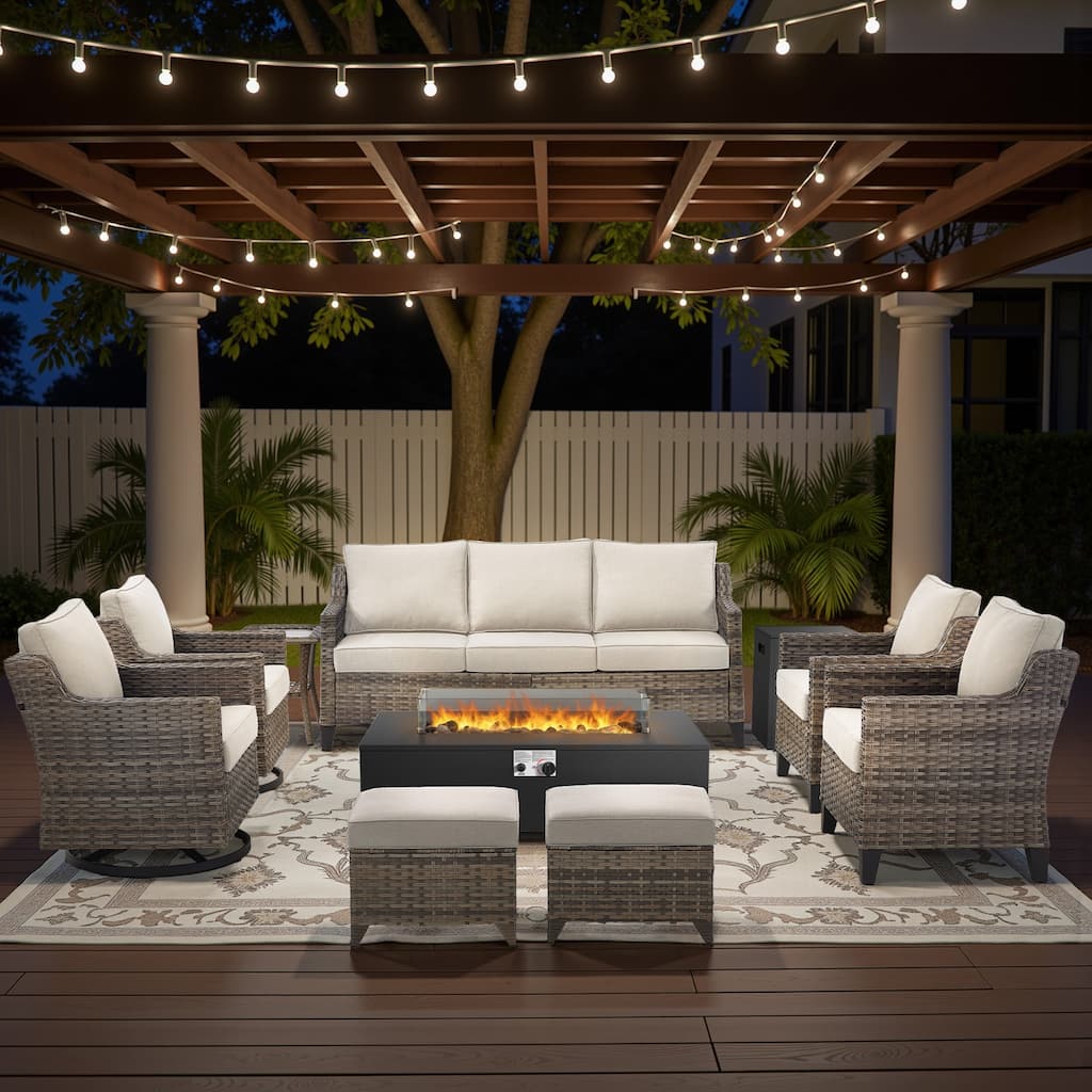 Glissia 9-Piece Gray Wicker Fire Pit Conversation Set with Modern Steel Fire Pit