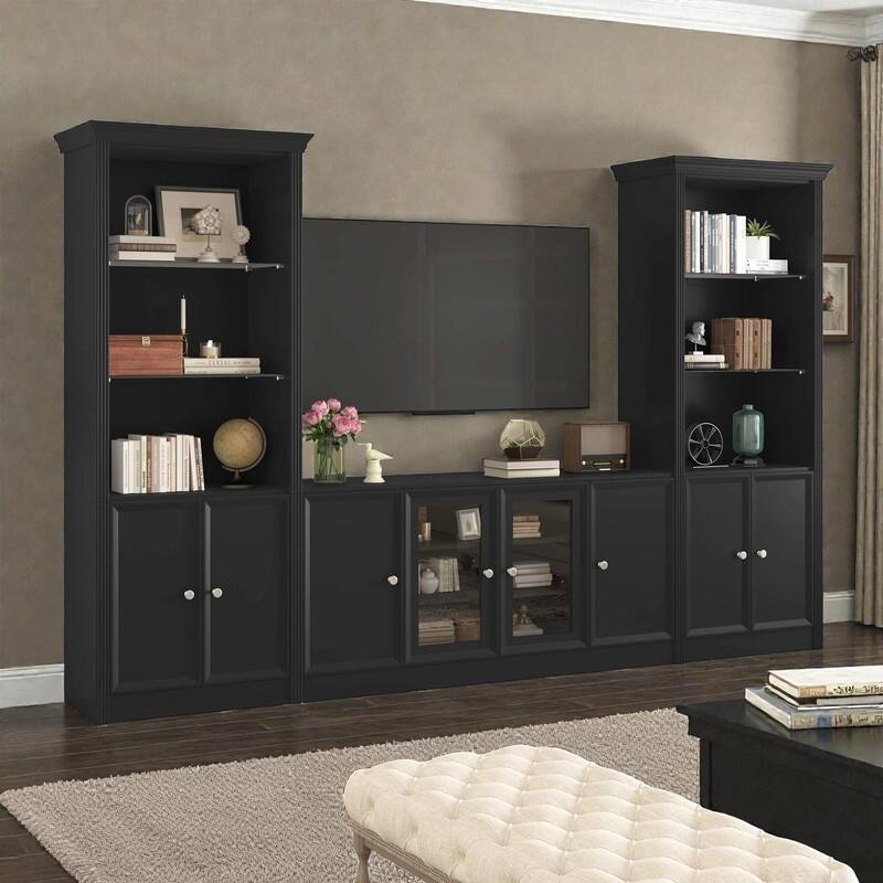 128" Wall Unit Entertainment Center with Bookshelves, TV Stand for TVs up to 80", Media Console with Glass Cabinets - Black