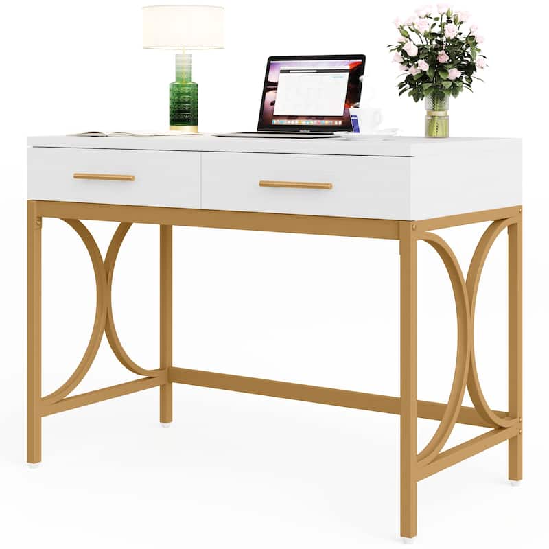 Modern Computer Writing Desk with 2 Drawers, White and Gold Home Office Desk, Makeup Vanity Table - White and Gold