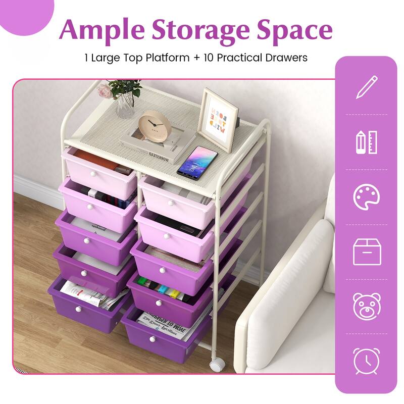 Gymax 10-Drawer Storage Cart Utility Rolling Trolley Kitchen Organizer