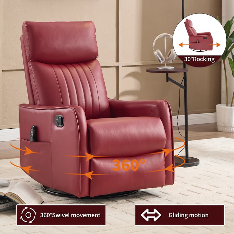 Leather Heat Massage Manual Recliner Chair with Rocker and Swivel in Fabric for Living Room