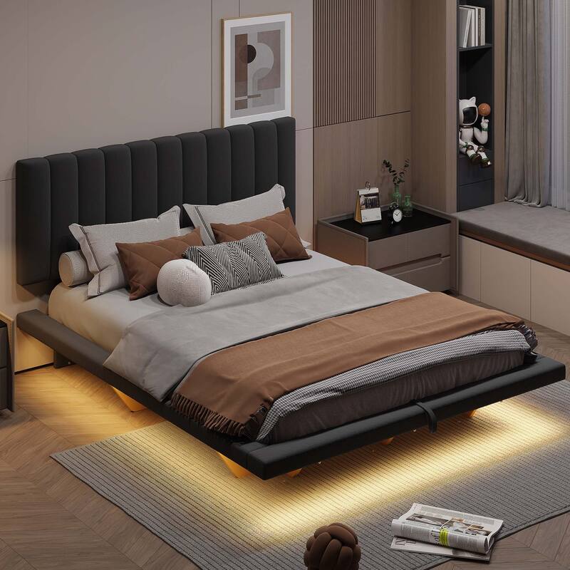 Queen Size Upholstered Floating Bed with LED Light and USB Port