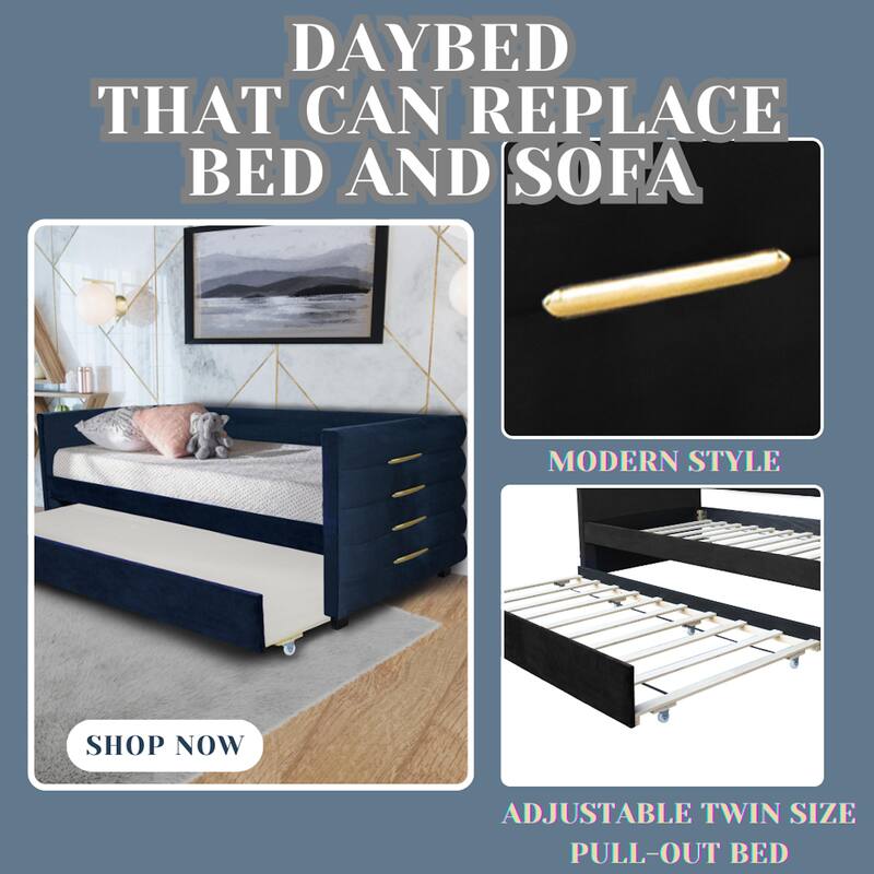 Twin Size Upholstered Daybed, Living Room Twin Day Bed Frame with Trundle Bed, Velvet Fabric Sofa Bed Frame with Gold Accents