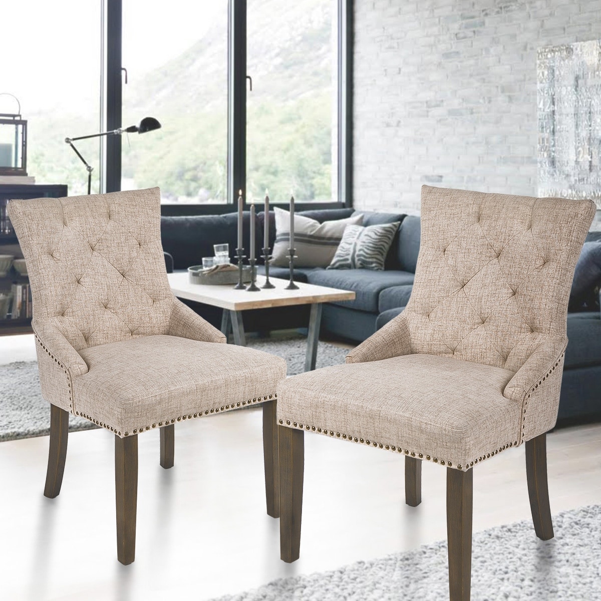 Beige dining best sale chairs with nailheads