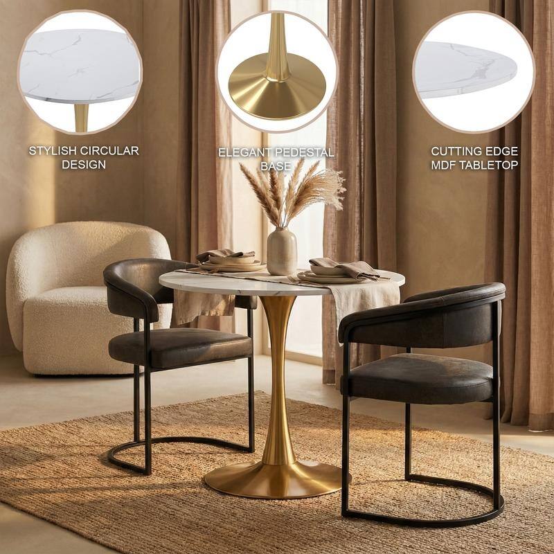 Bristol Minimalist Modern Round Dining Table with Solid Wood Top and Accent Gold Stainless Steel Base for Home or Kitchen