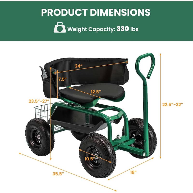 Heavy Duty Wheelbarrow Utility Cart Swivel Seat Garden Wagon Scooter